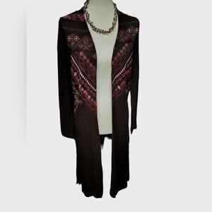 2720)Kelly Renee Brown Duster Cardigan Waffle Knit Embroidery Kimono Size Medium